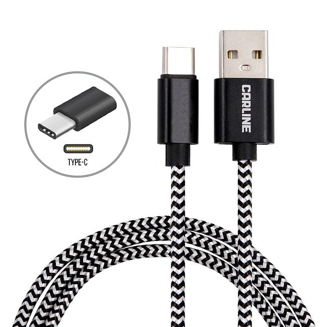 Кабель CARLINE USB-Type C, тканевая оплетка,1 метр, 2.1 Ампера