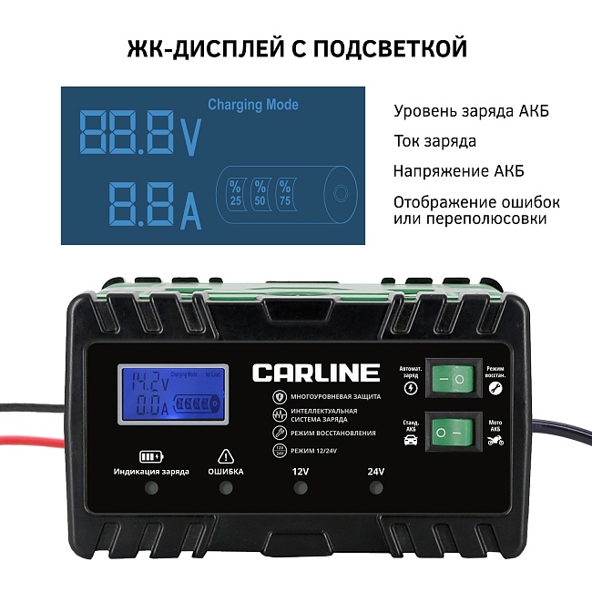 Зарядное устройство импульсное автоматическое для свинцово-кислотных аккумуляторов CARLINE CA-8AN
