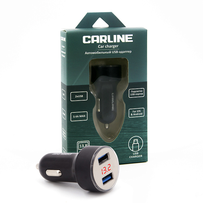 Адаптер CARLINE® д/авто с вольтметром 2хUSB (3.4A Max) в прикуриватель 12/24В/черный/уп. коробка