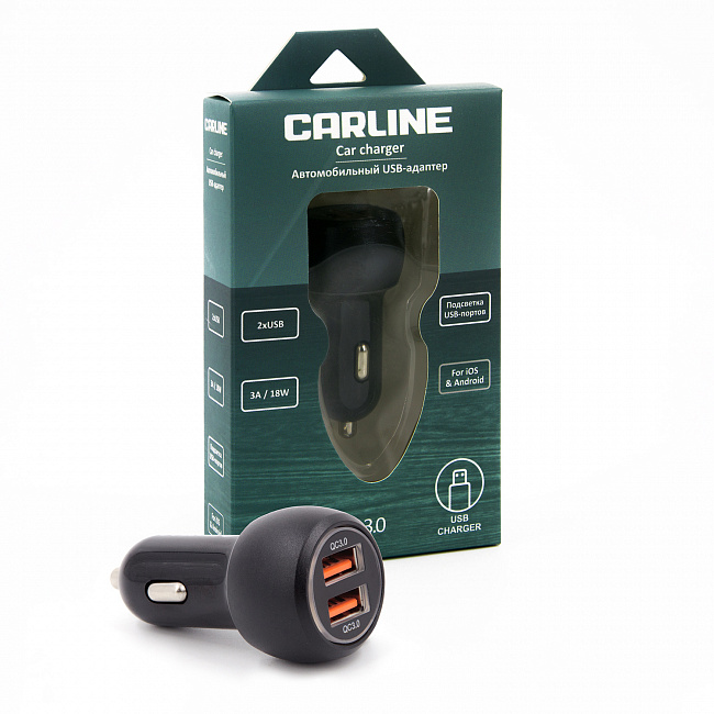 Адаптер CARLINE® д/авто 2хUSB "Quick Charge 3.0" в прикуриватель 12В/черный/уп. коробка