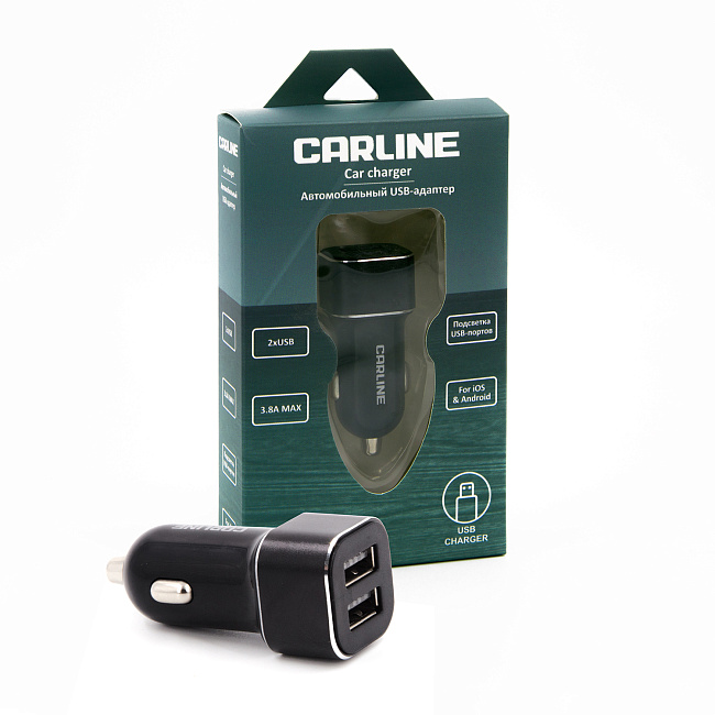 Адаптер CARLINE® д/авто 2хUSB (3.8А Max) в прикуриватель 12/24В/черный/уп. коробка