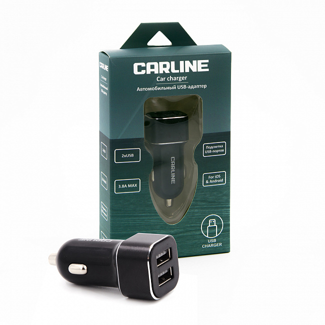 Адаптер CARLINE® д/авто 2хUSB (3.8А Max) в прикуриватель 12/24В/черный/уп. коробка
