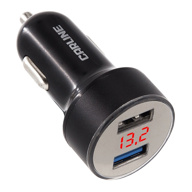 Адаптер CARLINE® д/авто с вольтметром 2хUSB (3.4A Max) в прикуриватель 12/24В/черный/уп. коробка