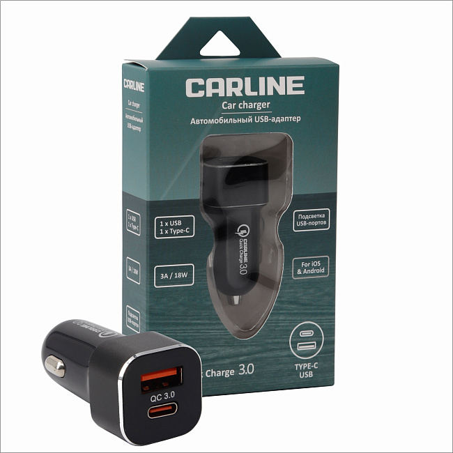 Адаптер CARLINE® д/авто 2хUSB (USB QC 3.0 + PD Type C) в прикуриватель 12/24В/черный/уп. коробка