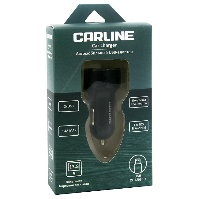 Адаптер CARLINE® д/авто с вольтметром 2хUSB (3.4A Max) в прикуриватель 12/24В/черный/уп. коробка