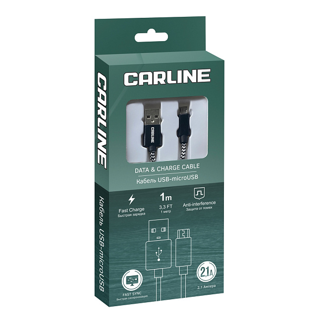 Кабель CARLINE USB-microUSB, тканевая оплетка,1 метр, 2.1 Ампера