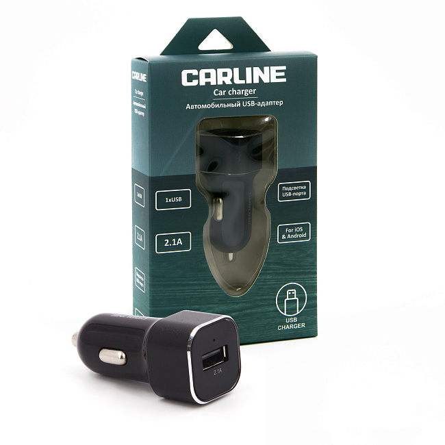Адаптер CARLINE® д/авто 1хUSB 2.1А в прикуриватель 12/24В/черный/уп. коробка