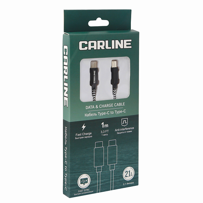Кабель CARLINE Type C-Type C, тканевая оплетка, 1метр, 2.1 Ампера